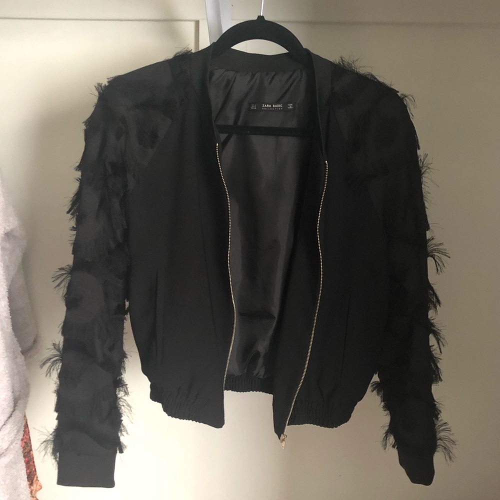 Zara Black Fringe Bomber Jacket (Small)